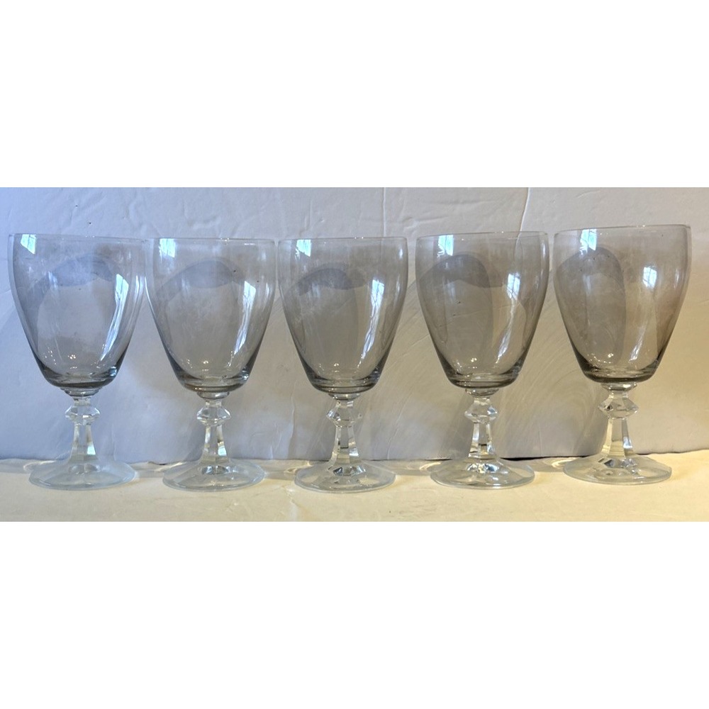 EBELING & REUSS Knob In Stem Texted Foot Clear Wine Glasses EBC5 6 3/8" set of 5